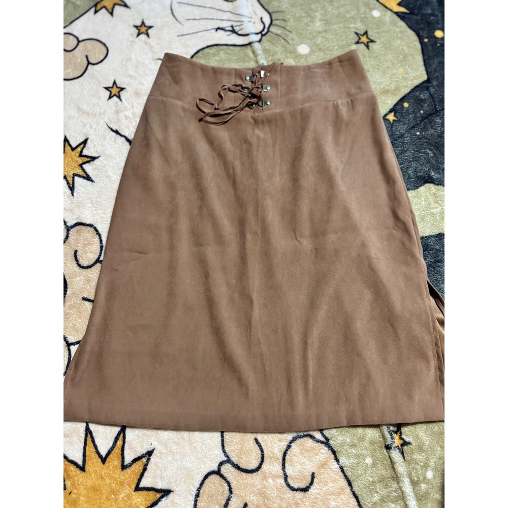 Brown A-Line Skirt Faux‎ Suede Lace Up Waist Midi Length Womens